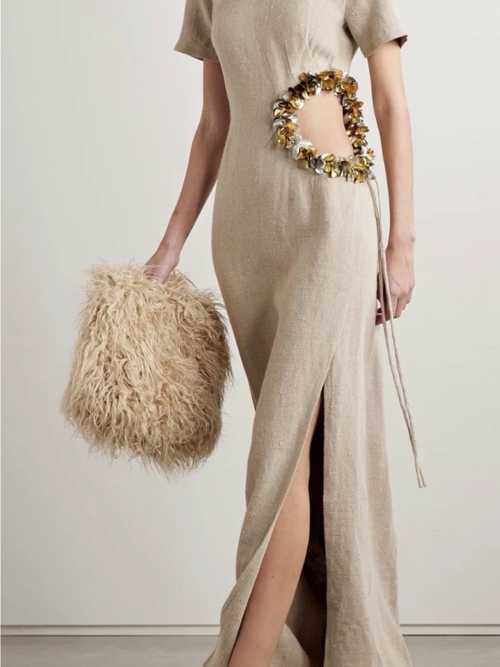 Beige Cutout Maxi Dress with Floral O-Ring Detail